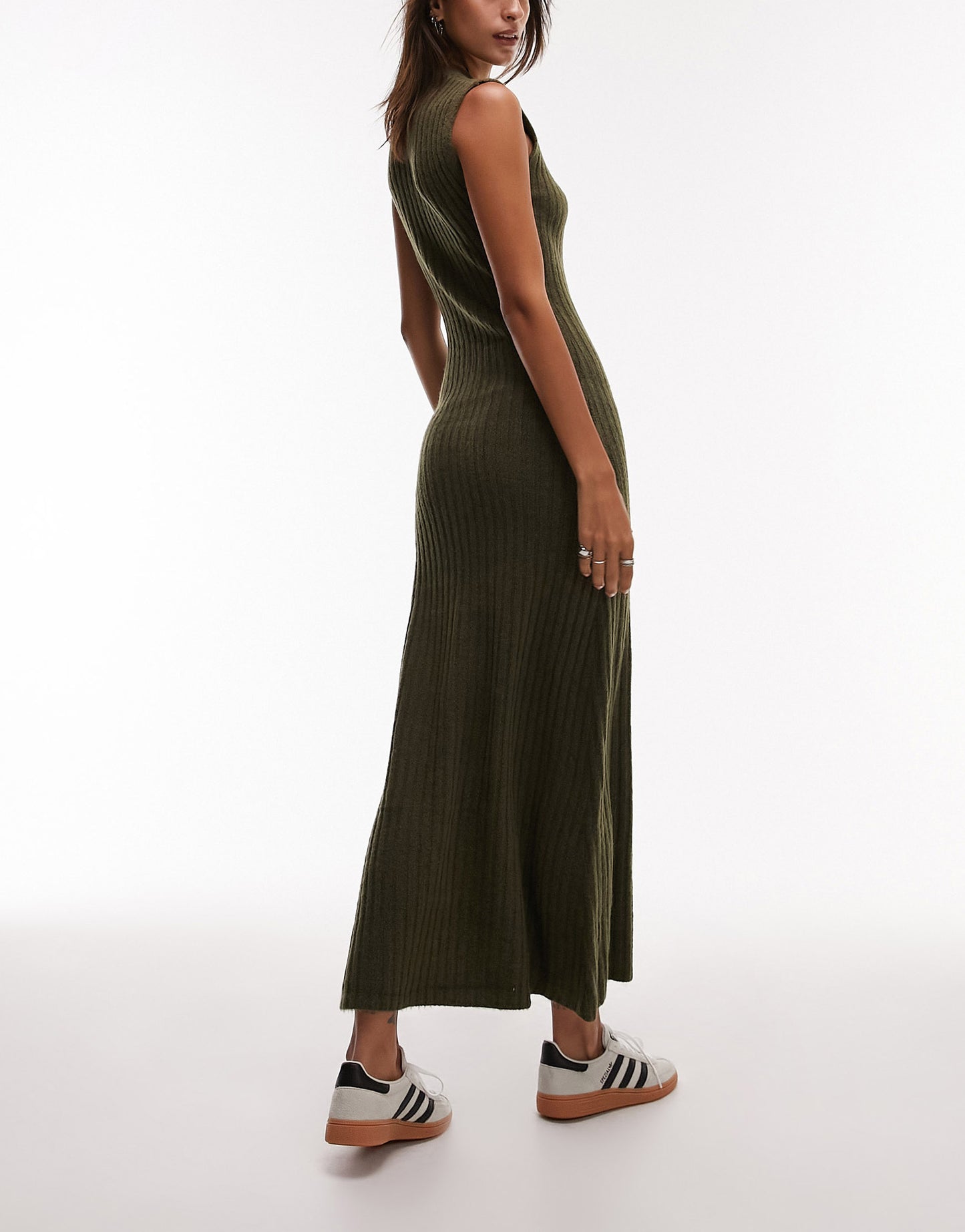 Topshop knitted sleeveless midi dress in khaki