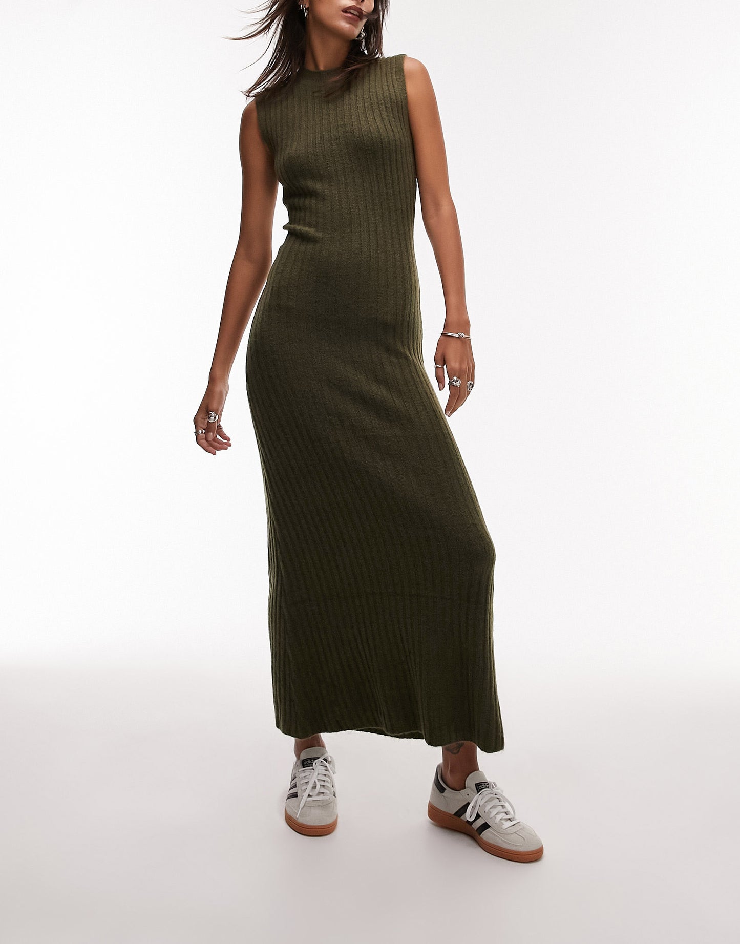 Topshop knitted sleeveless midi dress in khaki