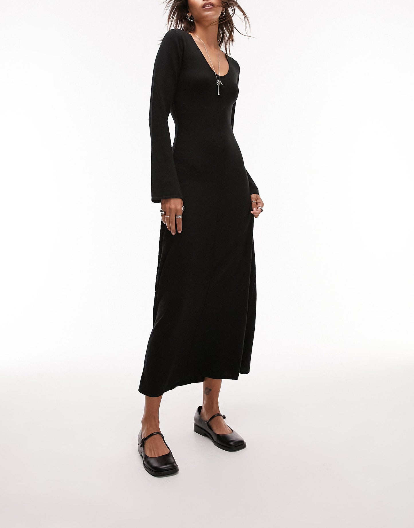 Topshop knitted v-neck flute sleeve maxi dress in black