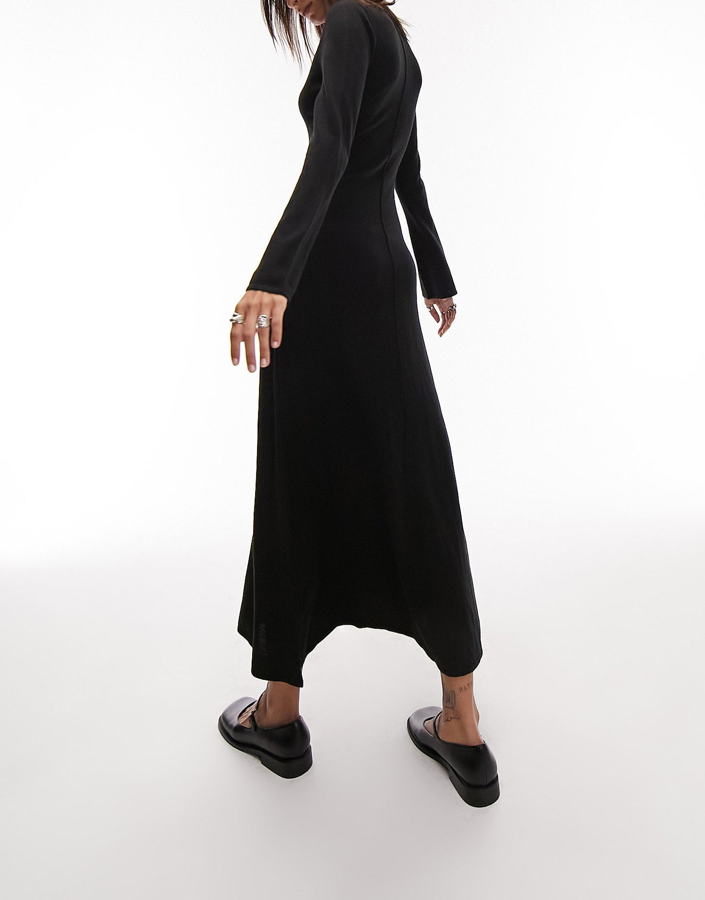 Topshop knitted v-neck flute sleeve maxi dress in black