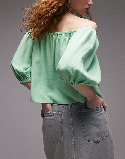 Topshop linen mix bardot top in green