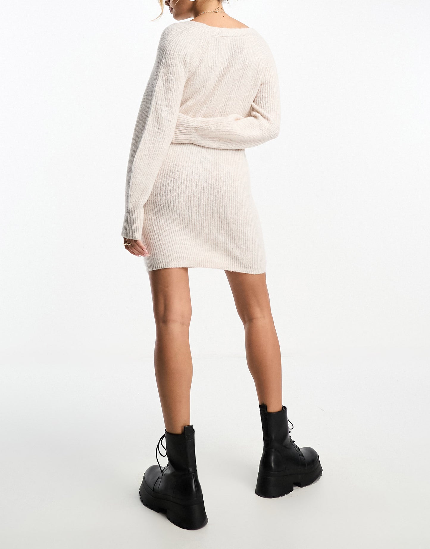 Miss Selfridge sweetheart neck balloon sleeve knit mini dress in oatmeal