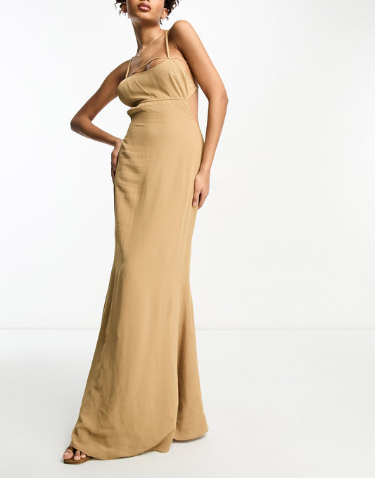 ASOS DESIGN elasticated strappy maxi dress with open back in tan