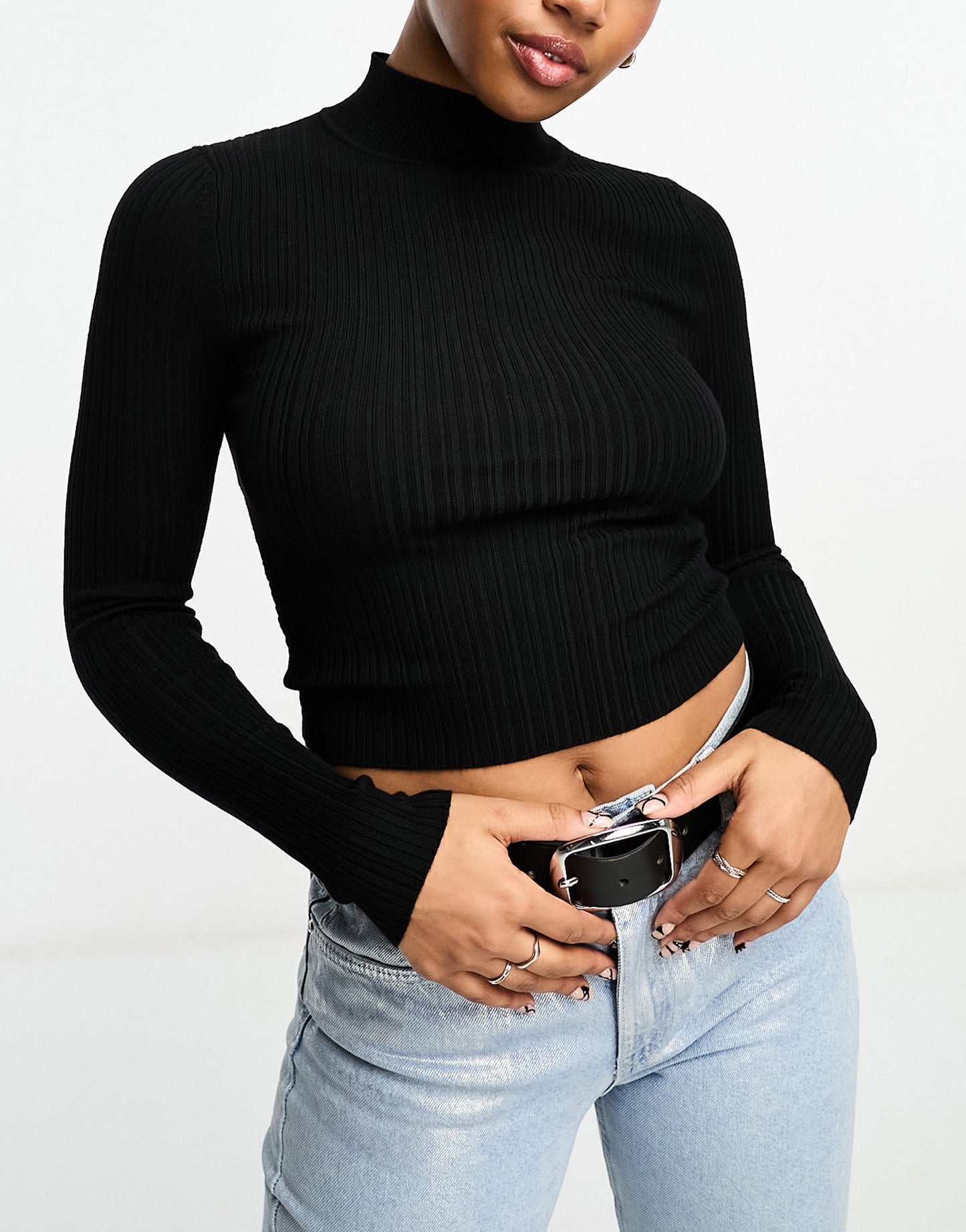 Miss Selfridge funnel neck rib knit twist back top in black