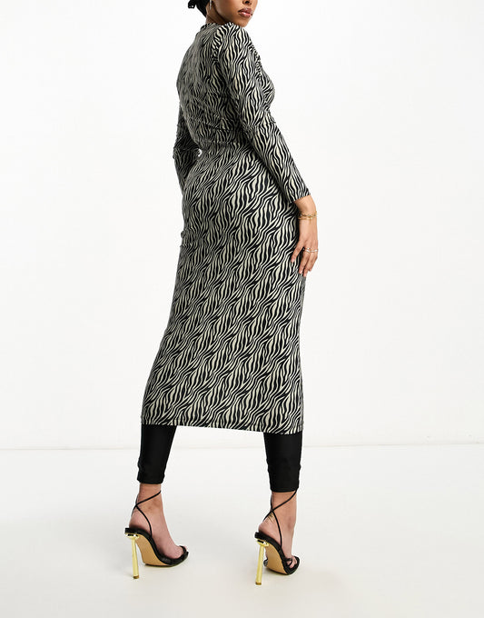 Trendyol long sleeve maxi dress in black and white zebra print