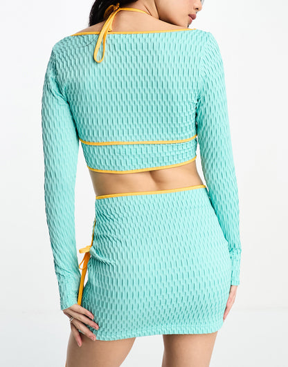 Annorlunda layered textured jersey mini dress in aqua blue