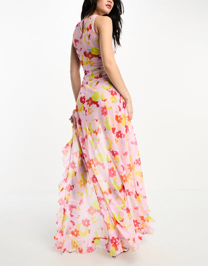 Annorlunda blurred acid floral print sheer chiffon maxi dress in pale pink