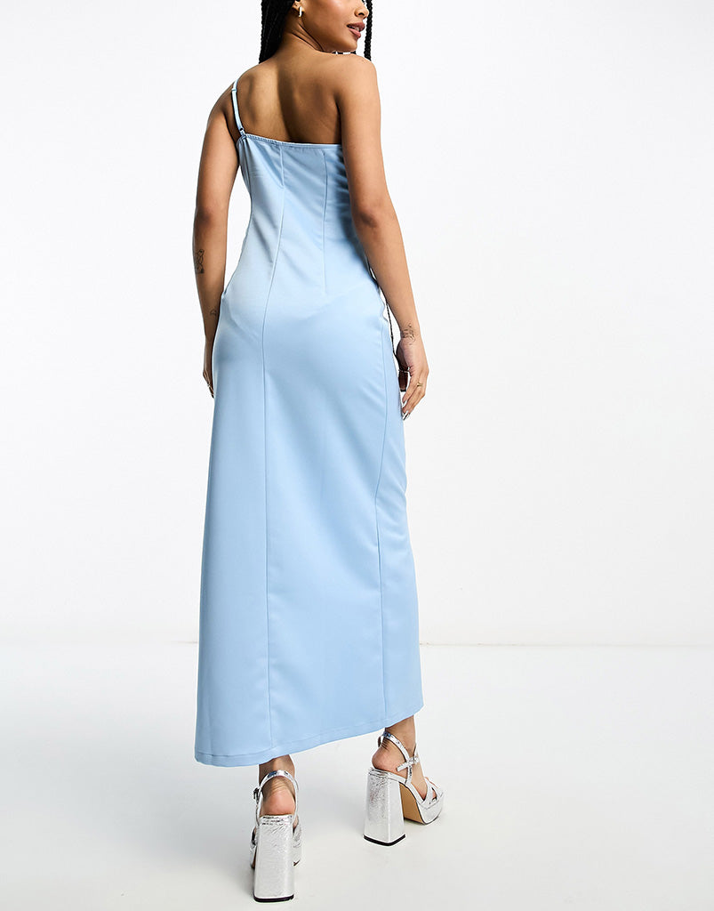 Extro & Vert Petite one shoulder maxi dress with split in baby blue satin