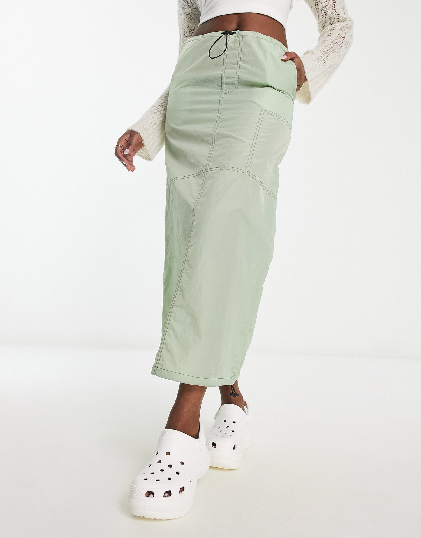 Noisy May drawstring toggle maxi parachute skirt in green