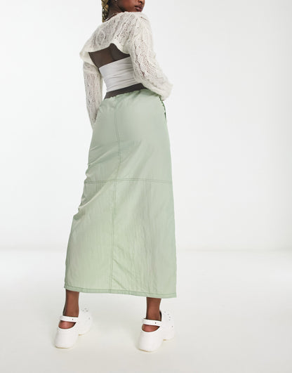 Noisy May drawstring toggle maxi parachute skirt in green