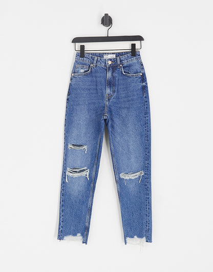 Bershka comfort fit mom jean with rips in mid blue