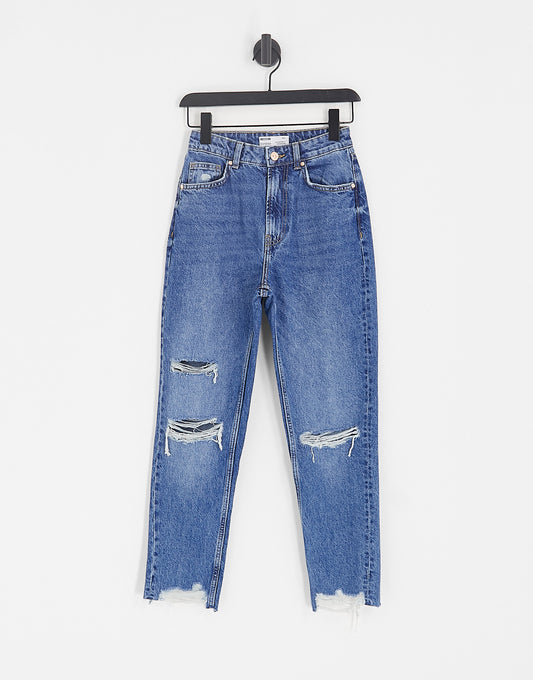 Bershka comfort fit mom jean with rips in mid blue