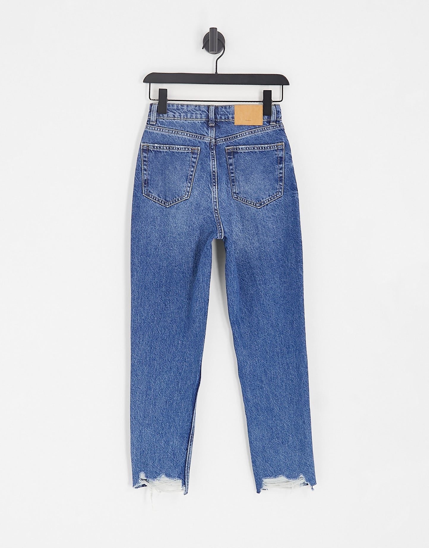 Bershka comfort fit mom jean with rips in mid blue