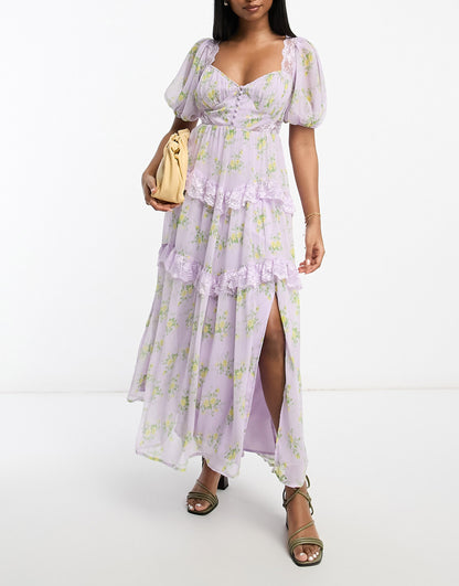 ASOS DESIGN open back lace insert midi tea dress in lilac ditsy floral