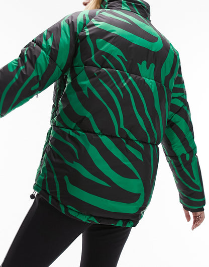 Topshop Sno funnel neck puffer ski jacket in green zebra print