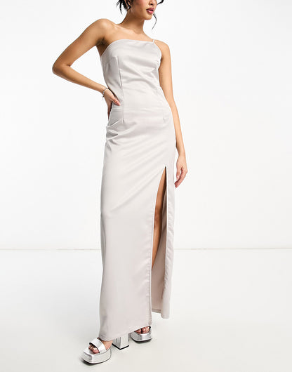 Extro & Vert Tall one shoulder maxi dress with split in stone grey satin