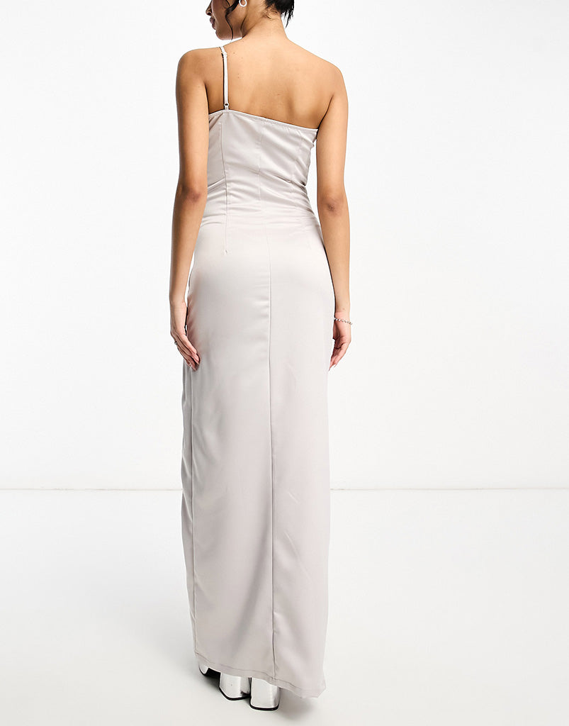 Extro & Vert Tall one shoulder maxi dress with split in stone grey satin