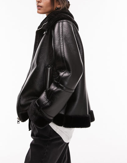 Topshop faux leather shearling zip front oversized aviator jacket with double collar detail in black