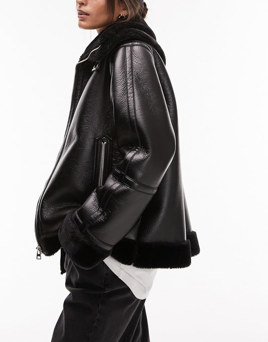 Topshop faux leather shearling zip front oversized aviator jacket with double collar detail in black