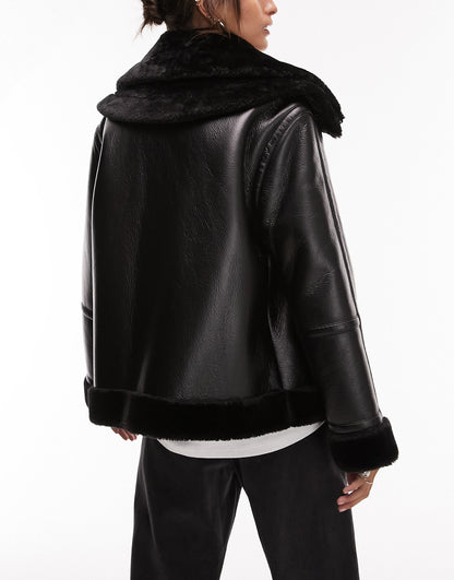 Topshop faux leather shearling zip front oversized aviator jacket with double collar detail in black