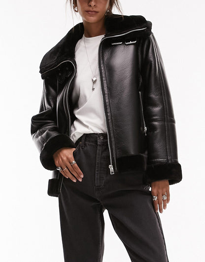 Topshop faux leather shearling zip front oversized aviator jacket with double collar detail in black