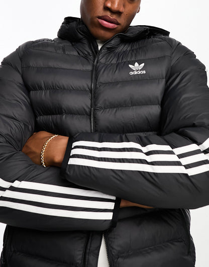 adidas Originals 3 stripe padded hooded jacket in black