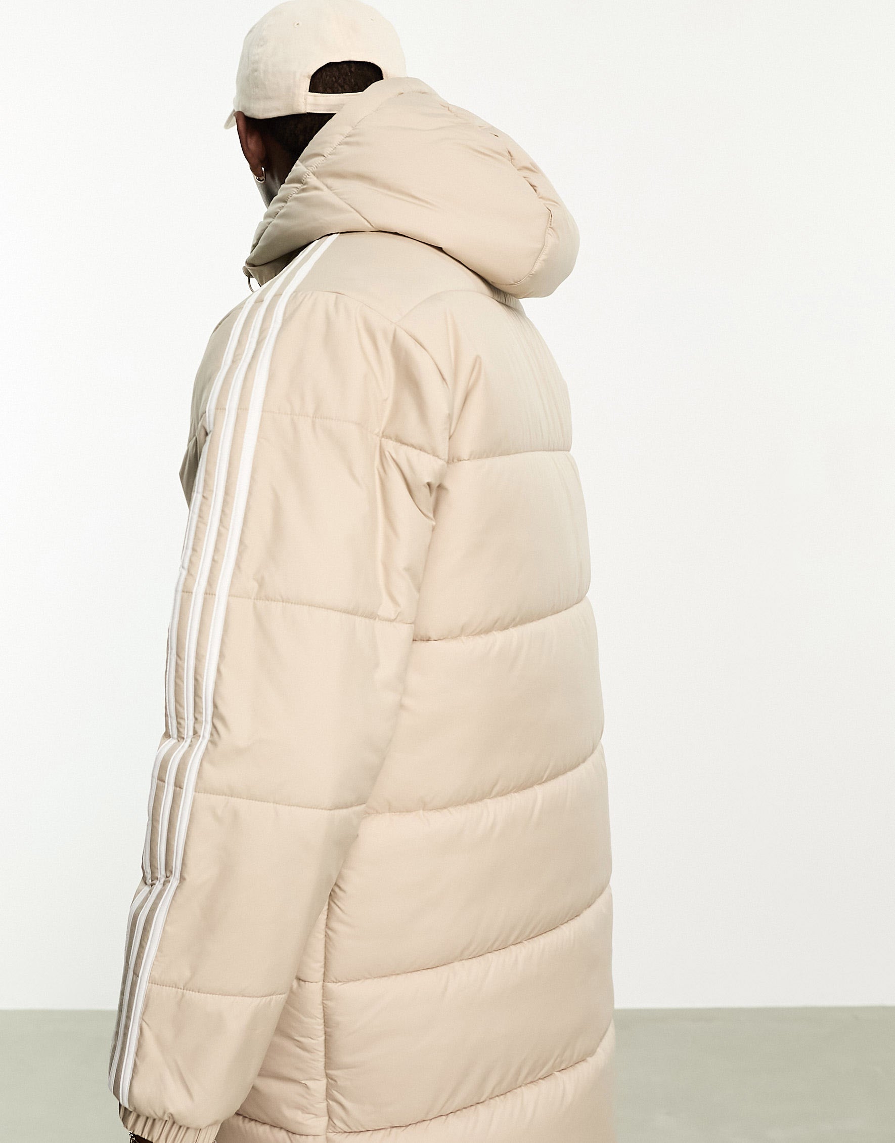 adidasOriginals3stripehoodedlongpufferjacketinbeige