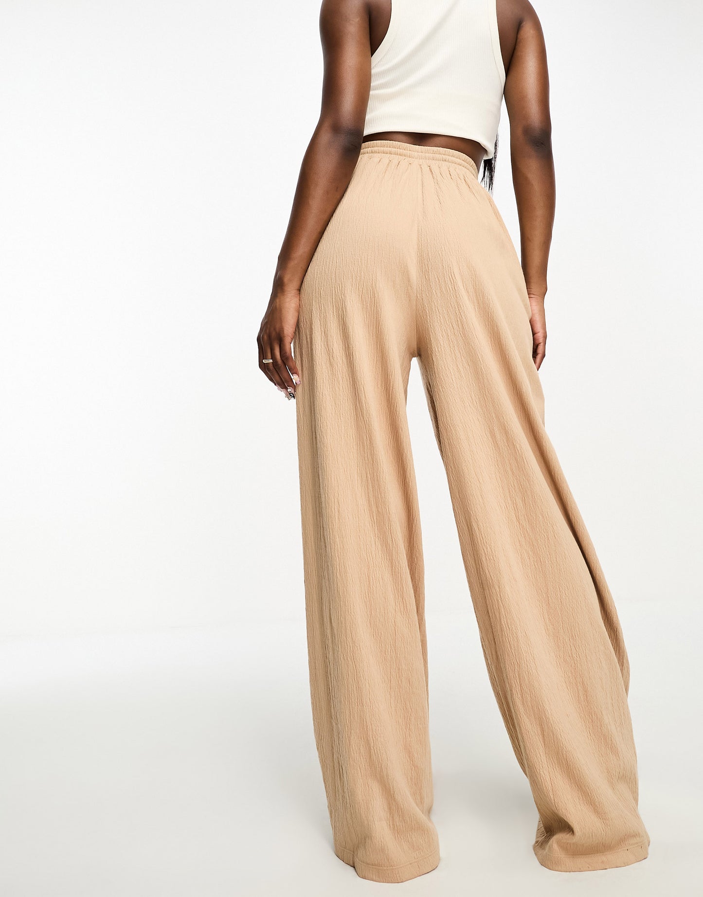 ASOS DESIGN co-ord crinkle shirred waist wide leg trouser in stone