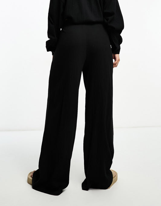 ASOS DESIGN co-ord crinkle shirred waist wide leg trouser in black