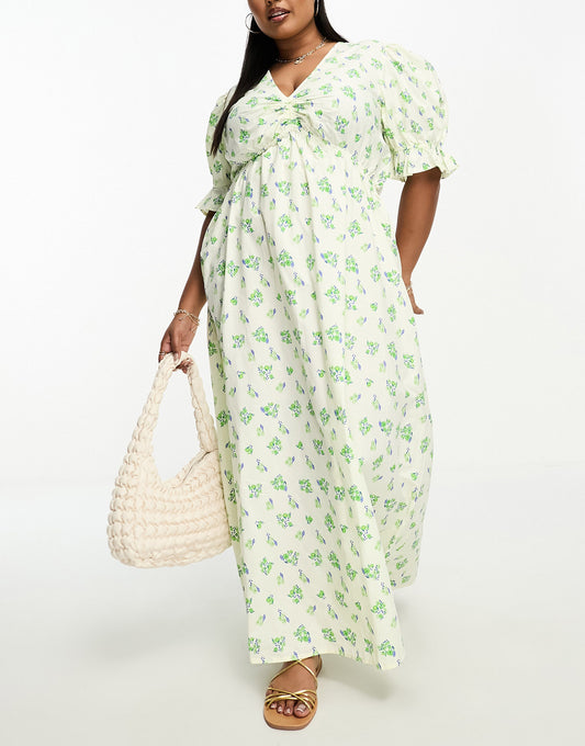 ASOS DESIGN Curve cotton midi smock dress in cream based green floral print