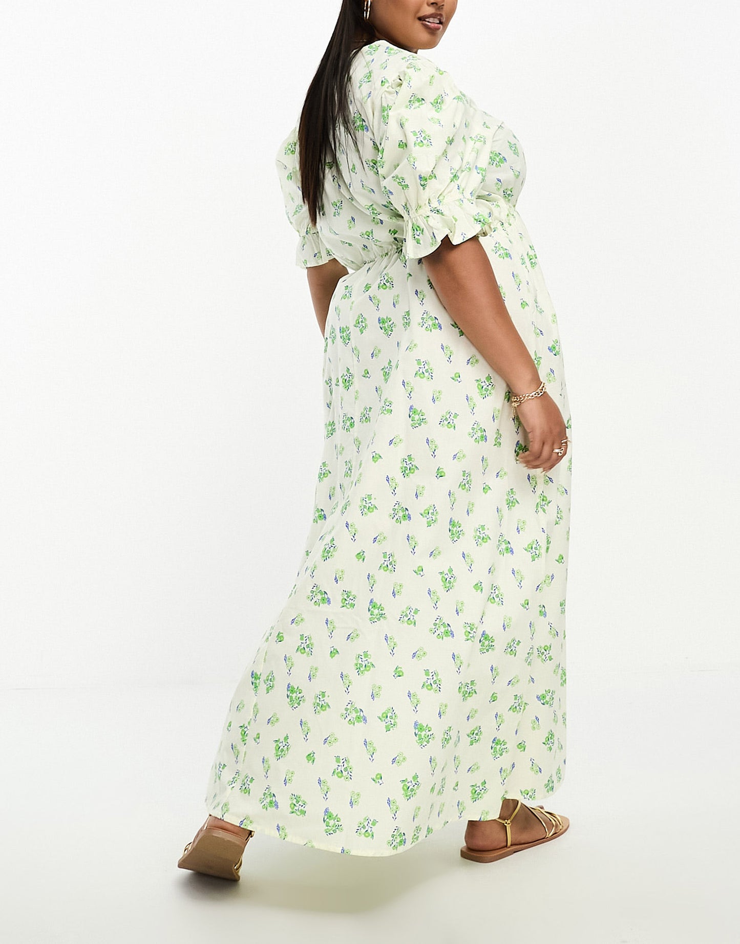 ASOS DESIGN Curve cotton midi smock dress in cream based green floral print