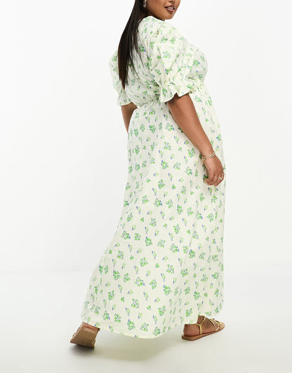 ASOS DESIGN Curve cotton midi smock dress in cream based green floral print