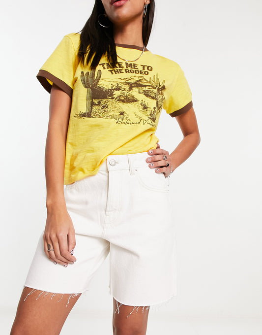 Bershka high waisted raw hem longline denim shorts in white