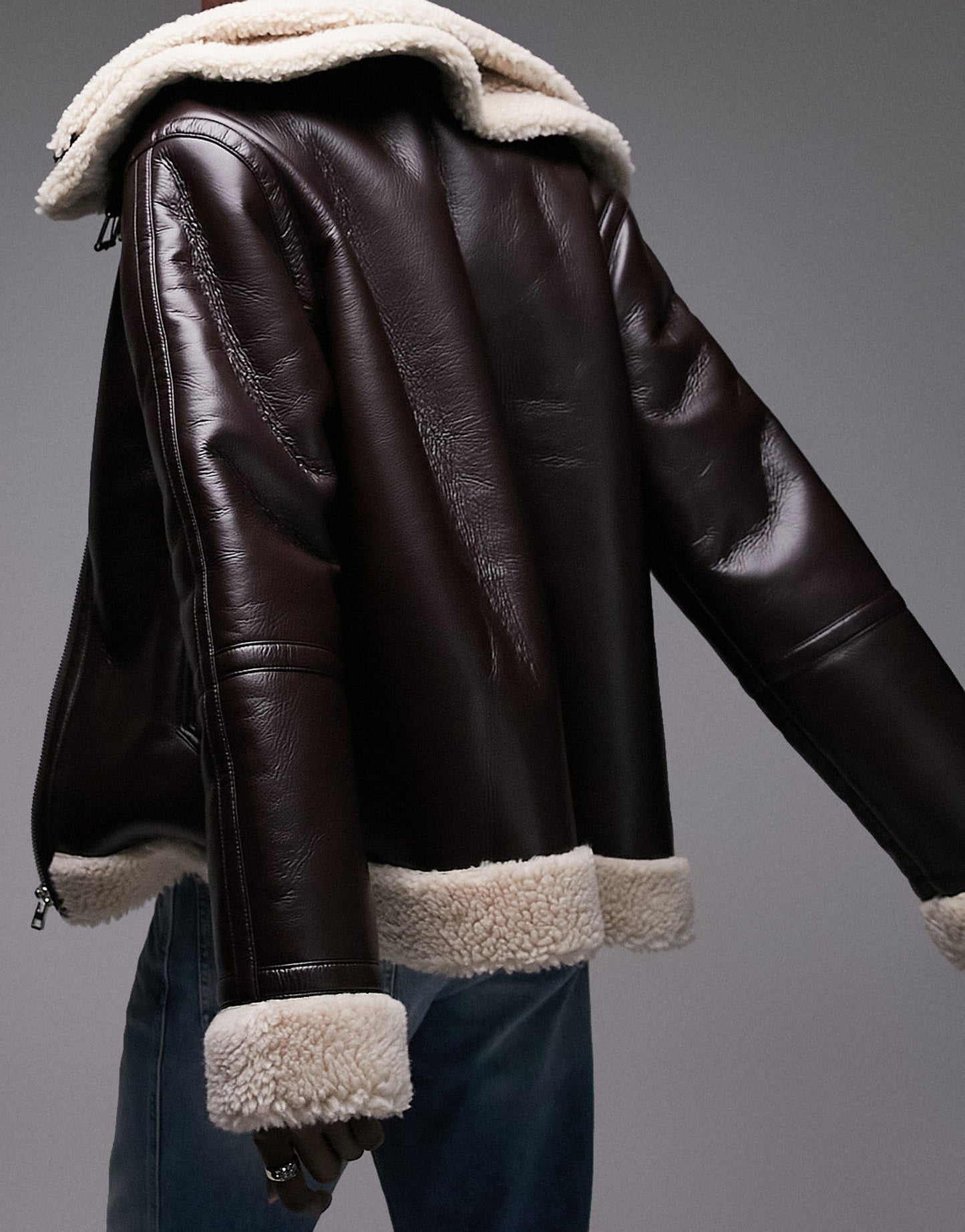 Topshop Tall faux leather shearling zip front oversized aviator jacket with double collar detail in chocolate