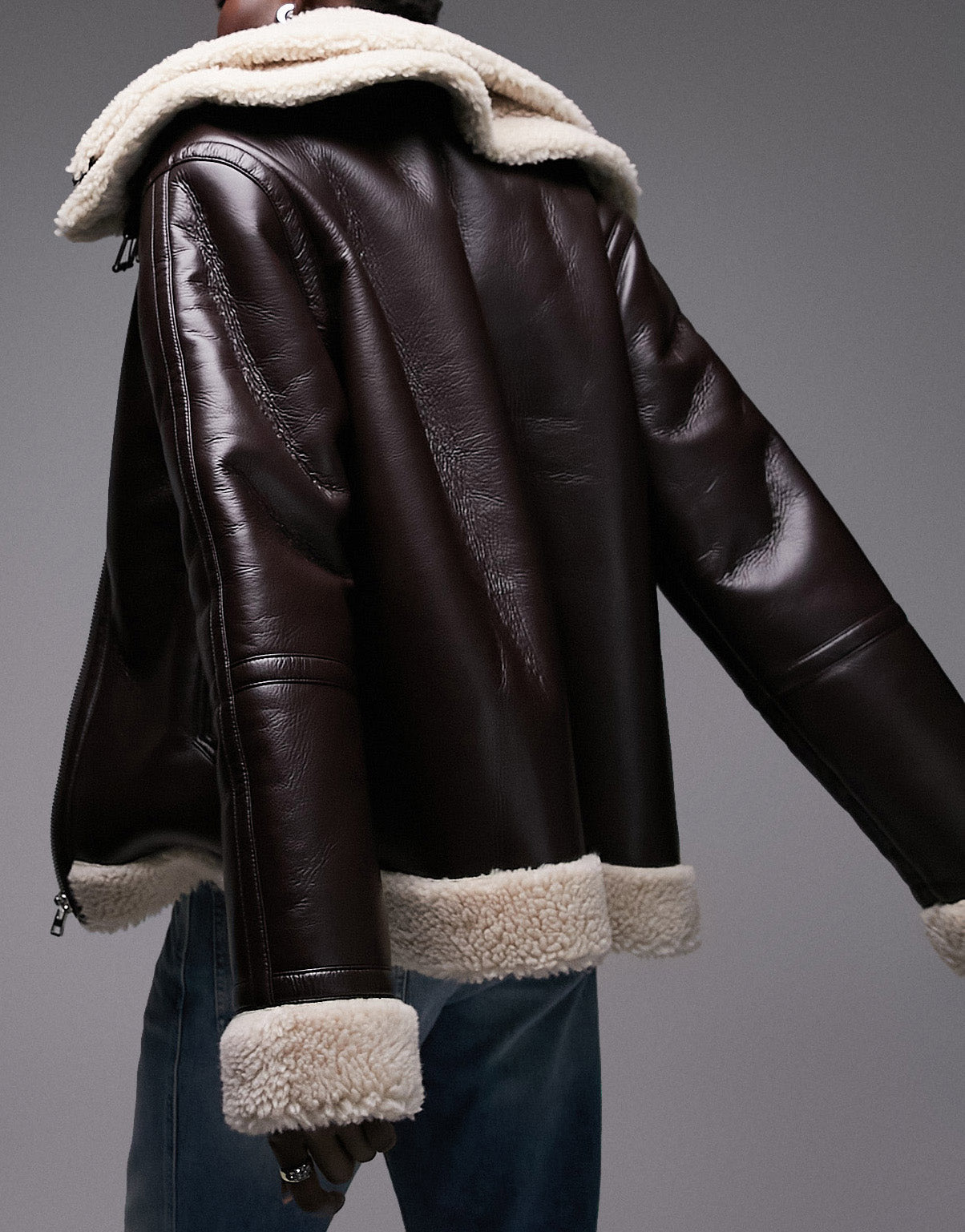 Topshop Tall faux leather shearling zip front oversized aviator jacket with double collar detail in chocolate