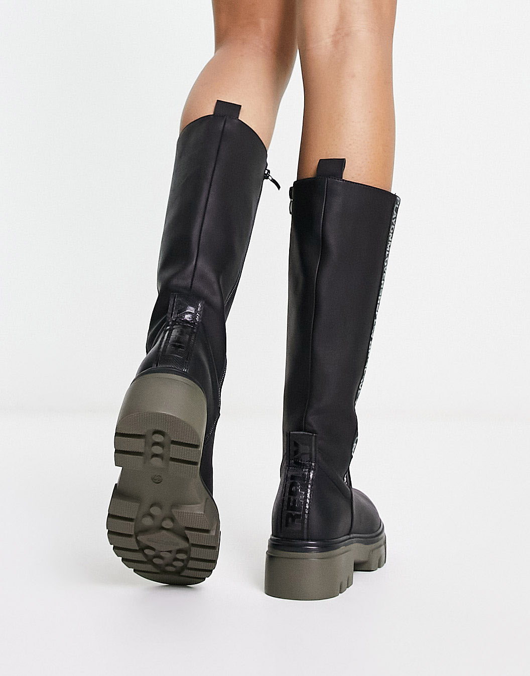 Replay chunky knee high boots in black with khaki sole