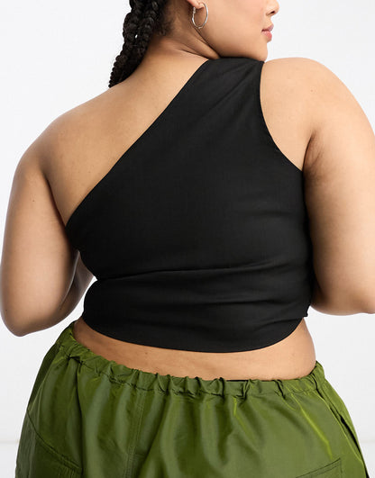 Daisy Street Plus one shoulder linen crop top in black