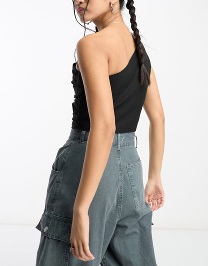 Daisy Street one shoulder linen crop top in black