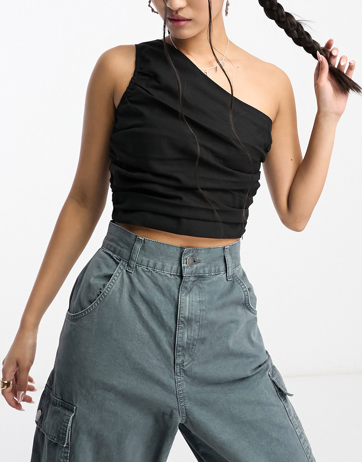 Daisy Street one shoulder linen crop top in black