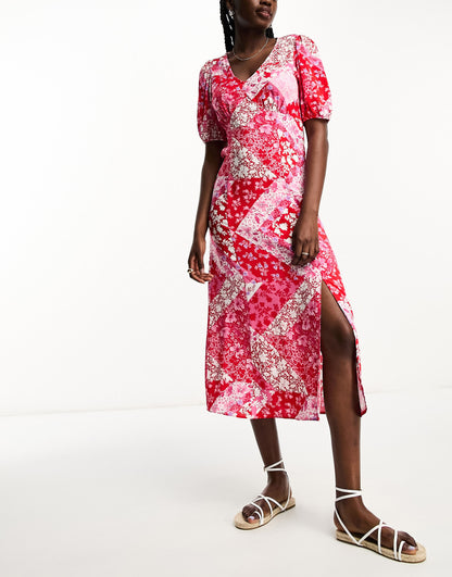 New Look ruched front patchwork print midi dress in red and pink