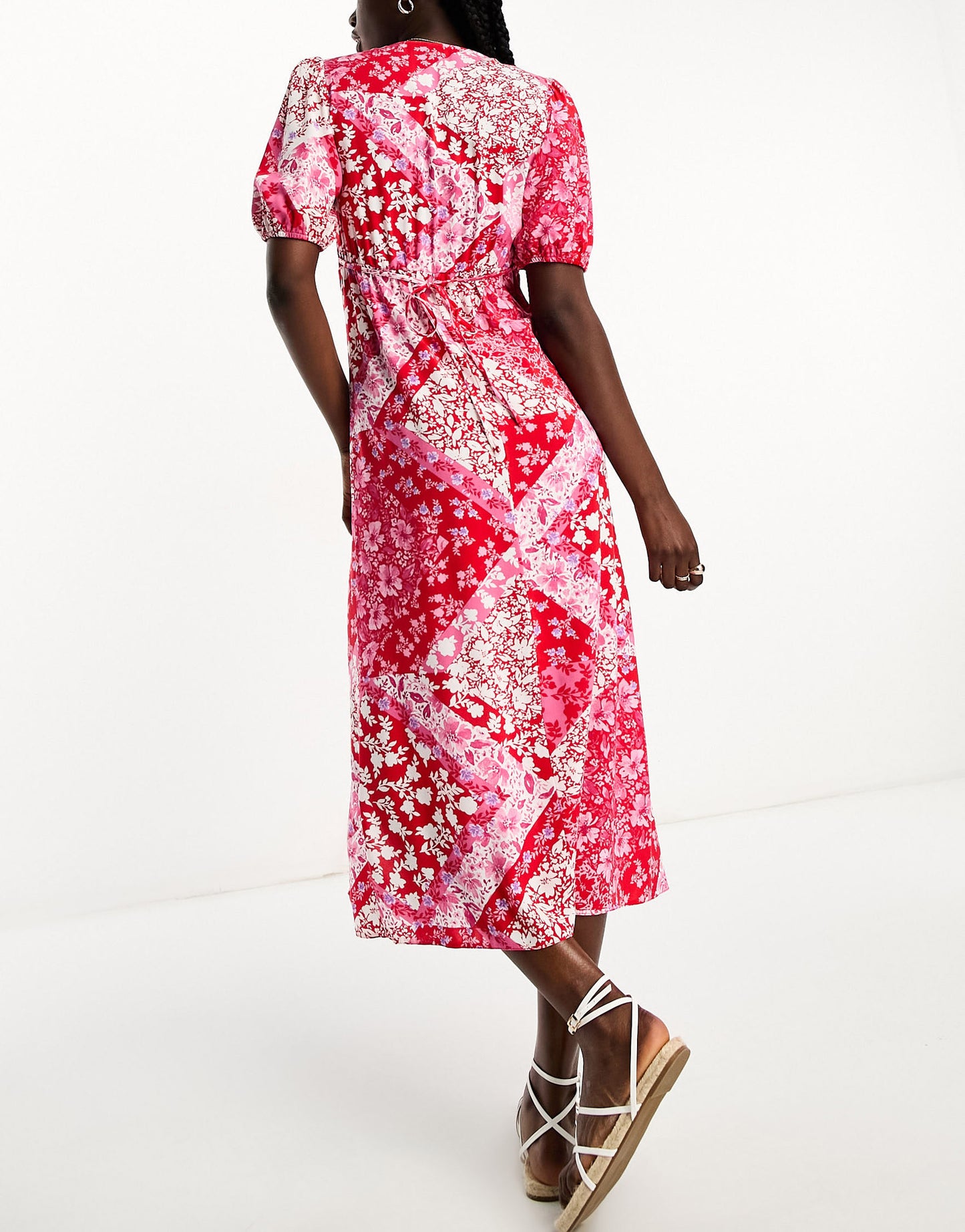 New Look ruched front patchwork print midi dress in red and pink