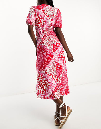 New Look ruched front patchwork print midi dress in red and pink