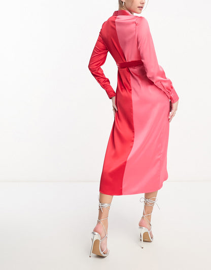 Style Cheat colour block wrap midaxi dress in red and pink