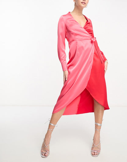 Style Cheat colour block wrap midaxi dress in red and pink