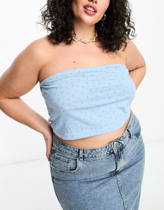 Daisy Street Plus 2 pack bandeau crop top in blue ditsy and stone