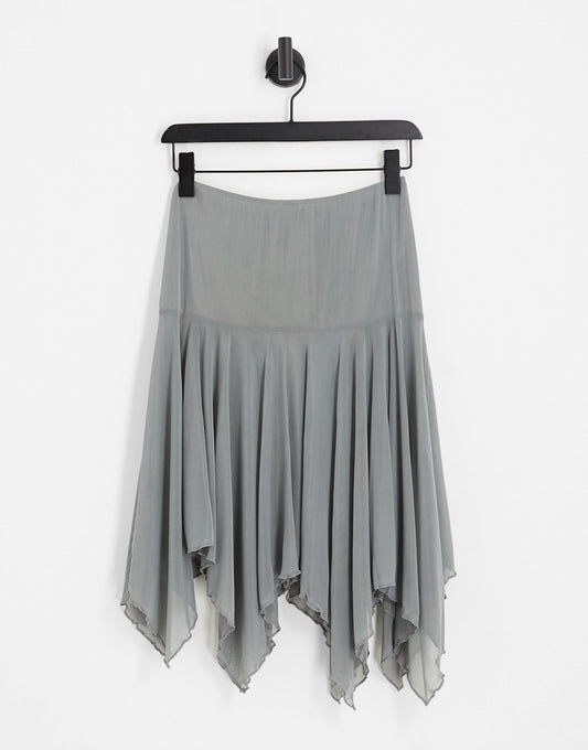 Motel hanky hem knee length mesh skirt in blue grey co-ord