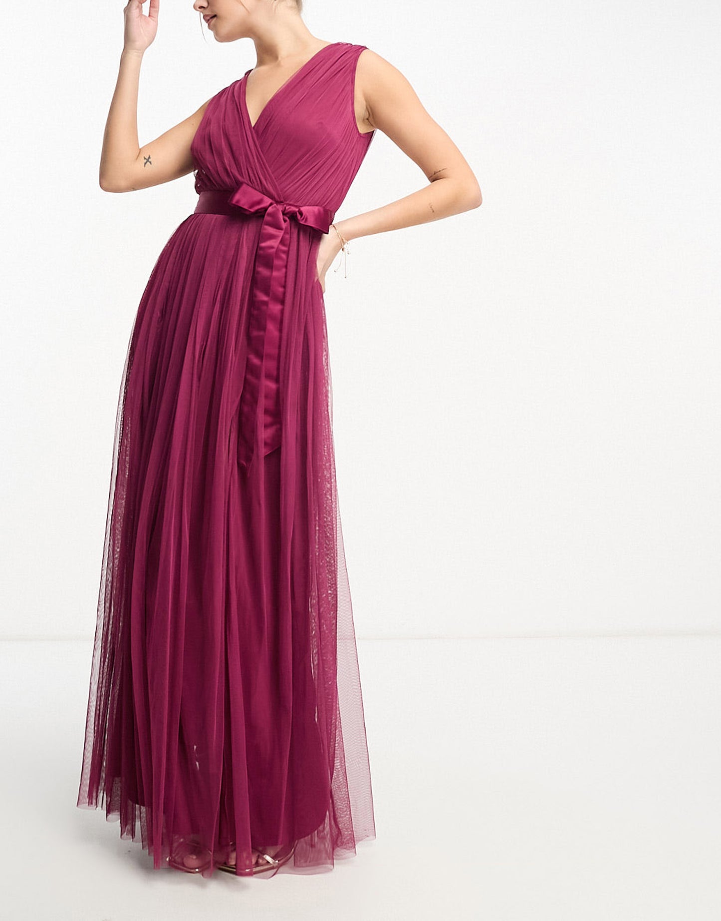 Anaya wrap front maxi tulle dress in red plum