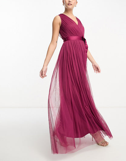 Anaya wrap front maxi tulle dress in red plum