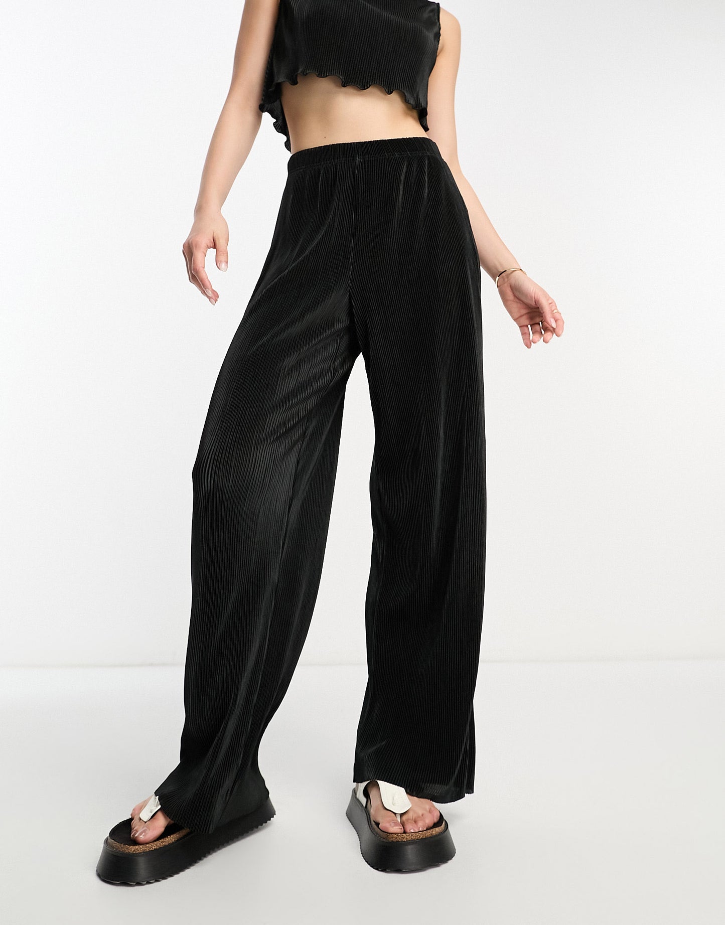 ONLY straight leg plisse trouser co-ord in black