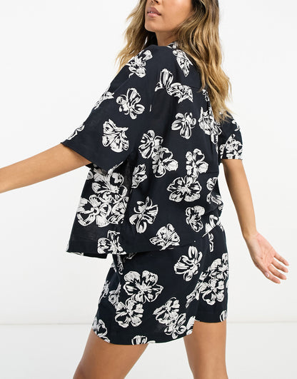 ASOS DESIGN boxy shirt with linen in floral print co-ord